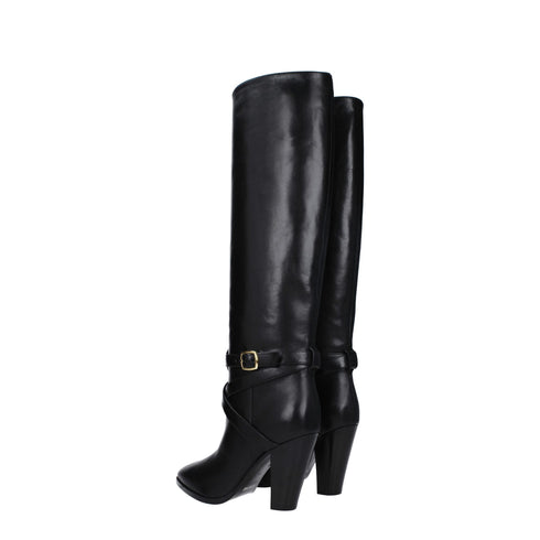Celine Black Leather Knee-High High Heel Boots – Pointed Toe Gold Buckle